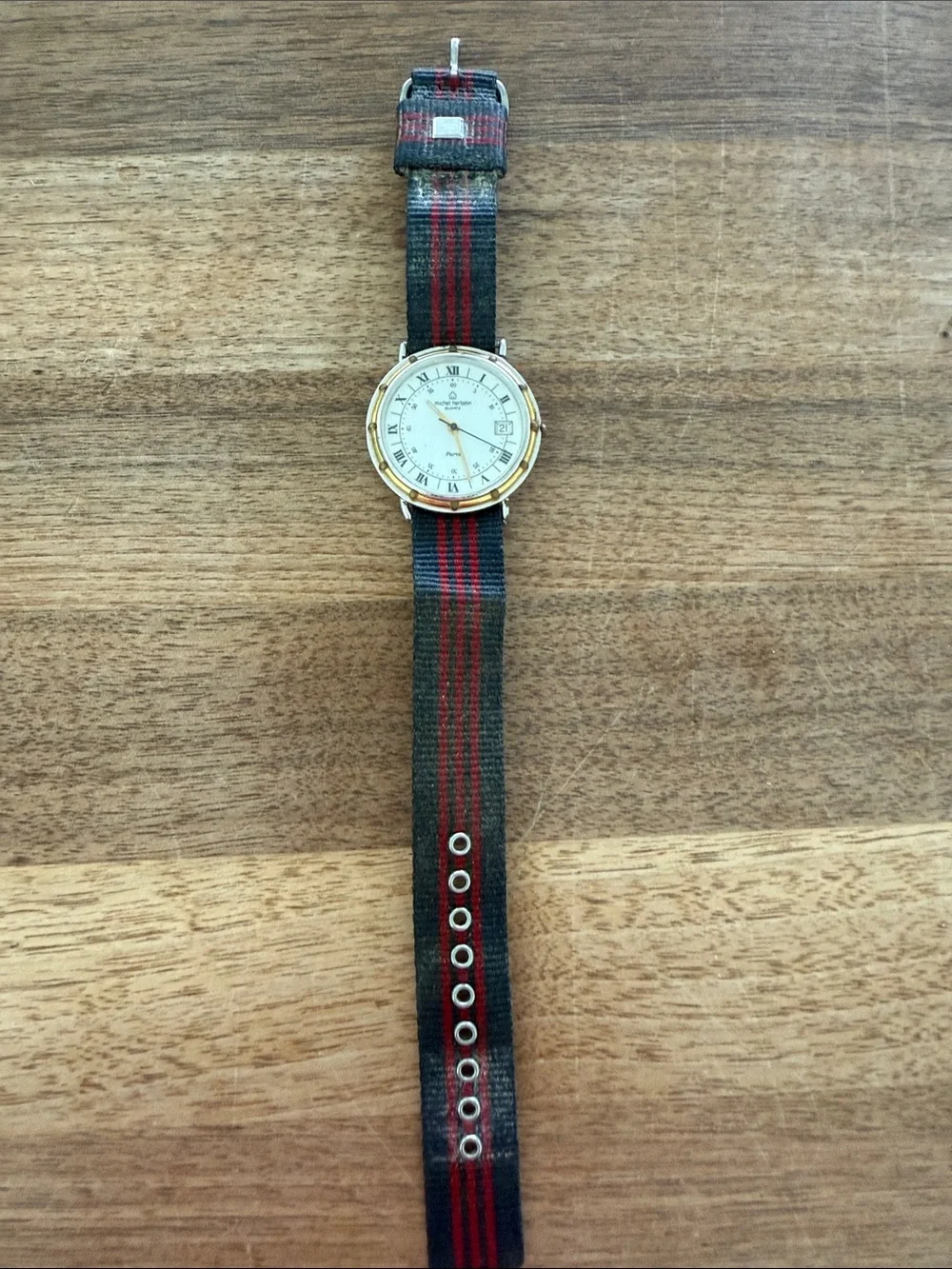 Michel Herbelin Paris Vintage White Dial Quartz Watch with Navy and Red Strap